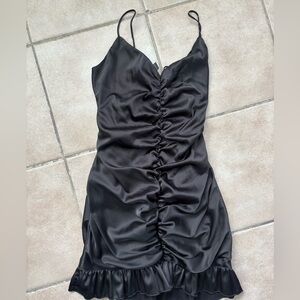 Black ruched satin party dress